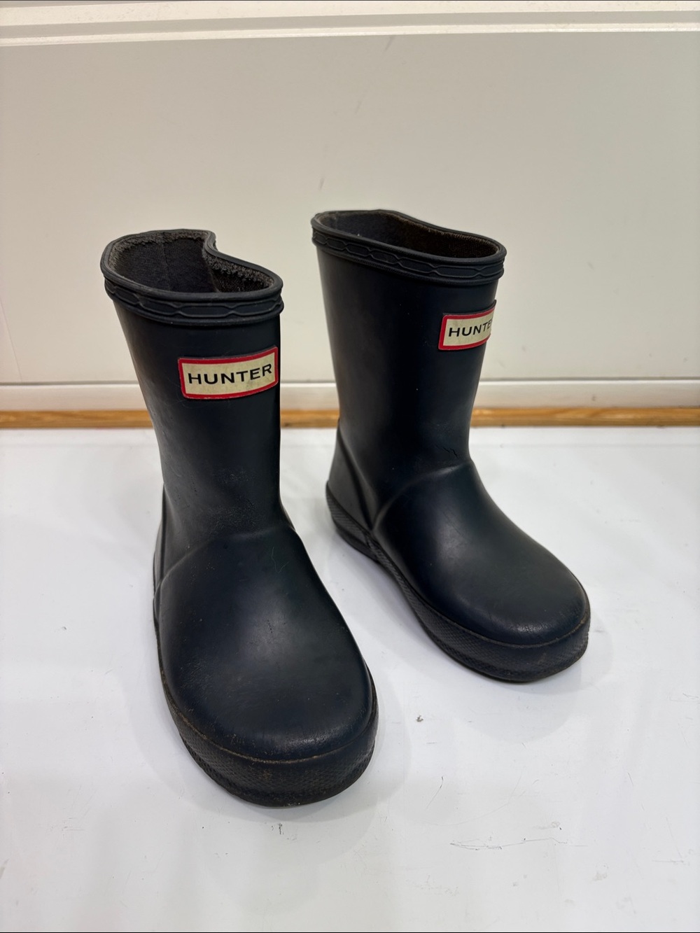 Hunter Kids Navy Blue Rain Boots with Red Logo Trim